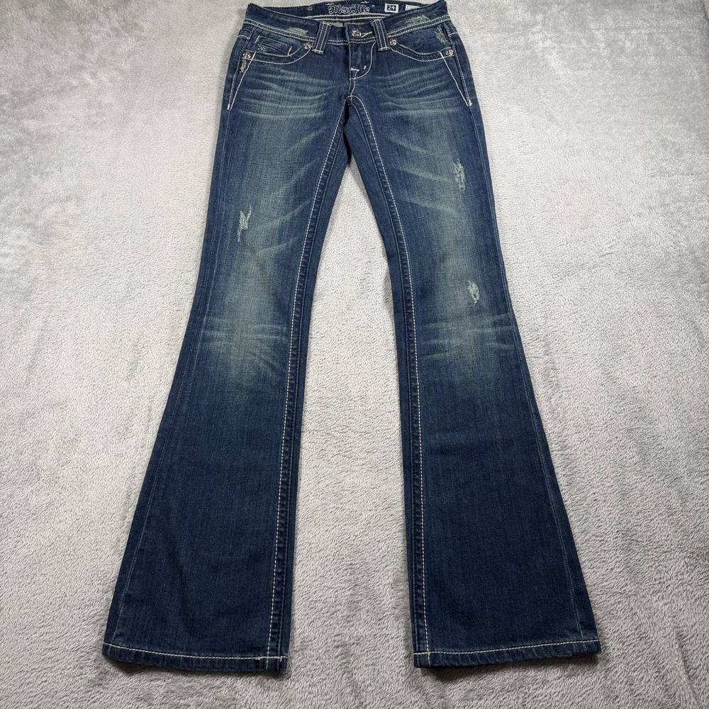 Miss Me Fleur de Lis Boot Cut Jeans Womens 24‎ Blue Distressed Special Ediition